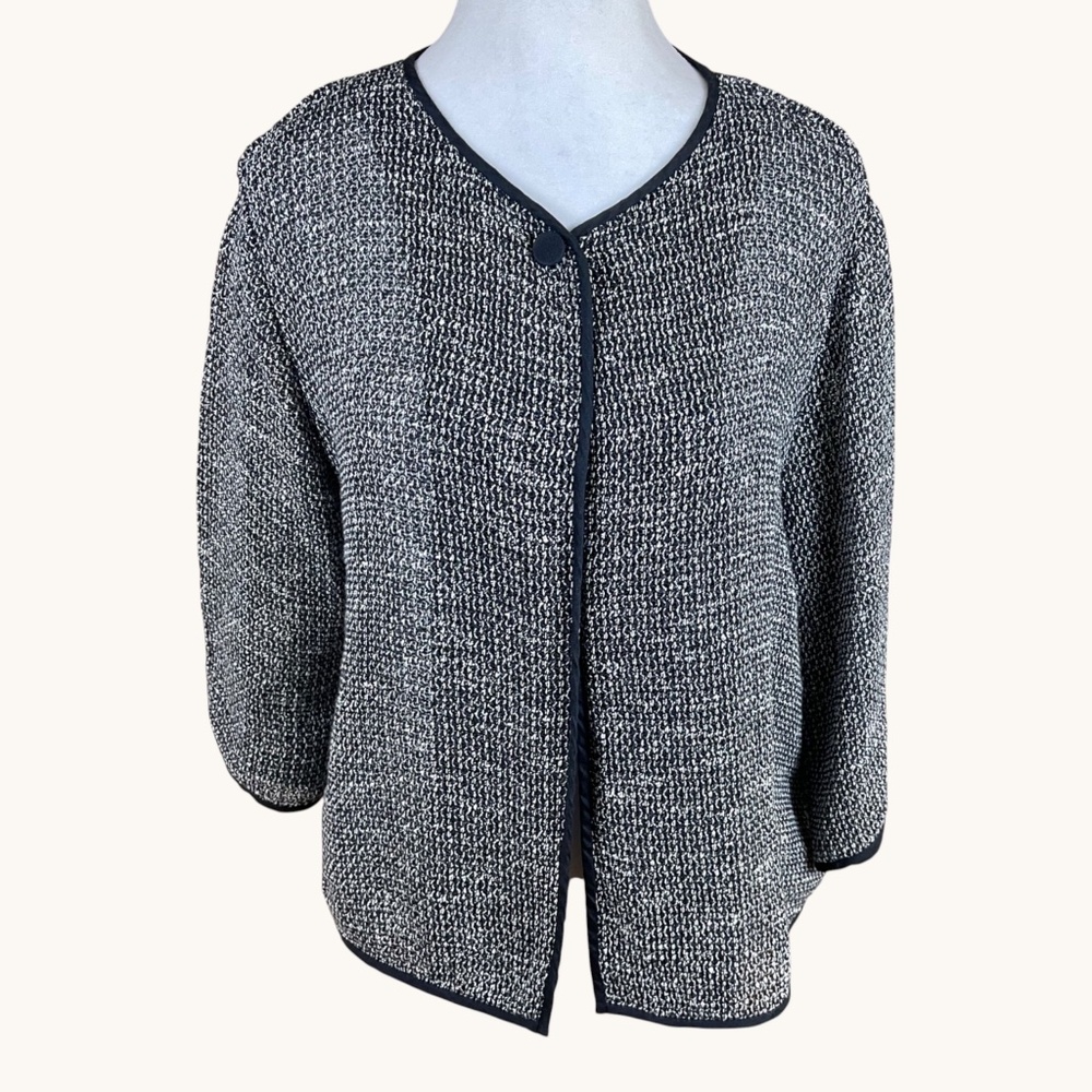 Eileen Fisher Cardigan Sweater Black White Marled Cotton Blend (L)